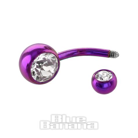 Blue Banana Coloured Titanium 1 6mm Purple Double Jewelled Navel Bar