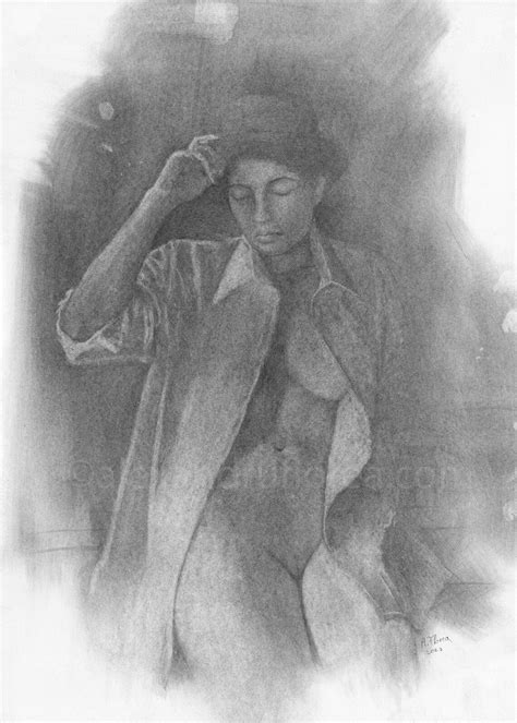 Black And White Unframed Pencil Drawing Nude Woman Hat Etsy