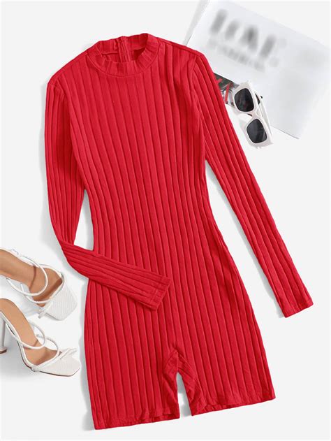 Shein Ezwear Mock Neck Ribbed Knit Romper Shein Usa