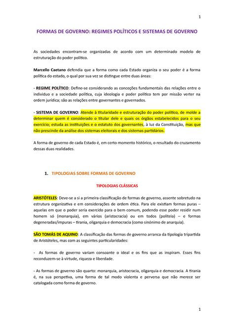 Ciencia Política 2ºTeste FORMAS DE GOVERNO REGIMES POLÍTICOS E