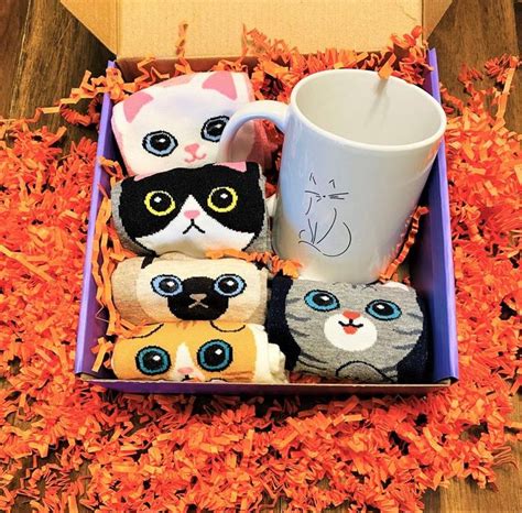 Cat Lovers T Box 5 Pairs Of Womens Cat Socks Cat Mug Etsy Cat