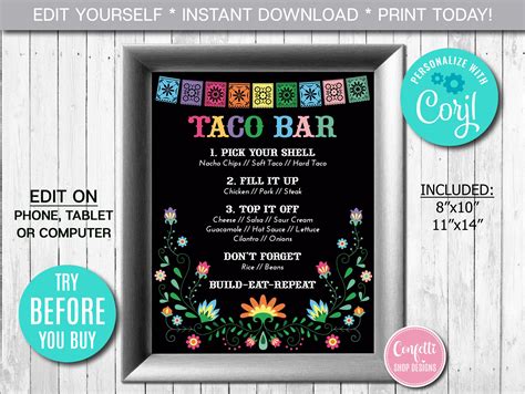 Editable Taco Bar Menu Sign Fiesta Party Menu Mexican Party Mexican