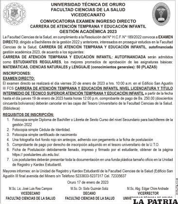 Convocatoria Examen Ingreso Directo Carrera De Atenci N Temprana Y