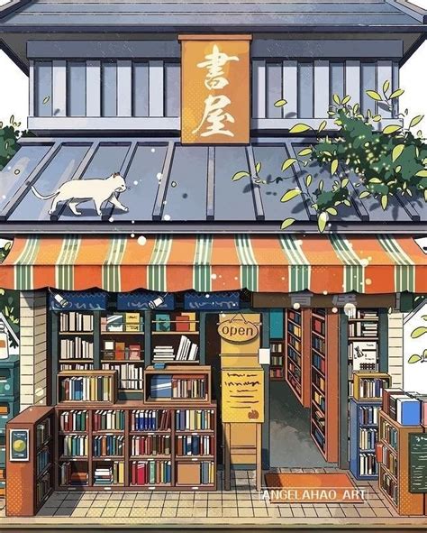 Illustration Of A Bookstore With Cats On The Roof