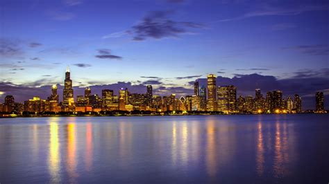 Blue Cityscape Night Lake Michigan Lake City Lights Downtown