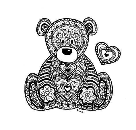 Blackandwhite Zentangle Inspired Teddy Bear With Heart By Alice Gerfault