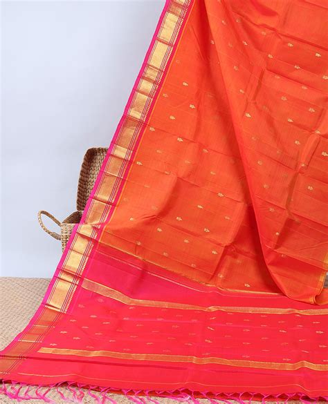 Orange Kancheepuram Silksaree With Zari Buttas Contrast Zari Design