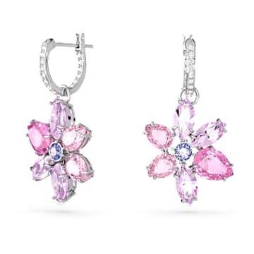 Gema Drop Earrings Mixed Cuts Flower Pink Rhodium Plated Swarovski