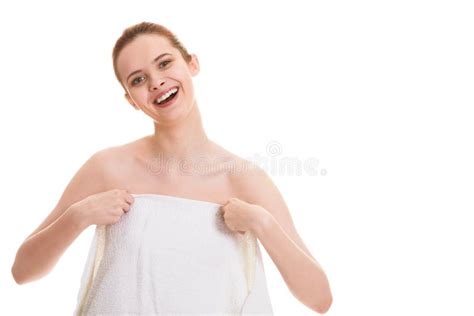 Happy Naked Woman In Towel After Bath Stock Photo Image Of Skin Slim