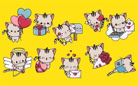 Premium Vector Set Of Cartoon Kawaii Cat Illustrations In Love Collection Of Cute Vector