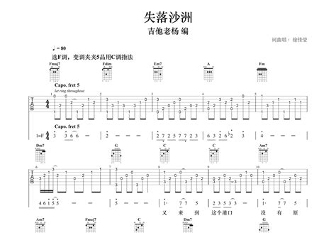 失落沙洲吉他谱徐佳莹c调指弹 吉他世界