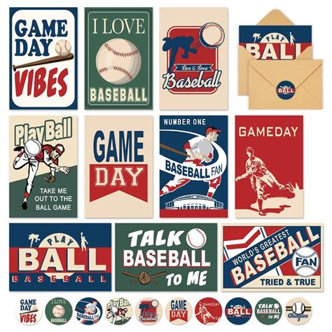 Whaline Pack Vintage Baseball Greeting Cards Bulk Designs Blank