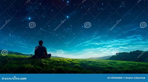 Stargazer Lying On A Grassy Hill Looking Up At A Clear Night Sky