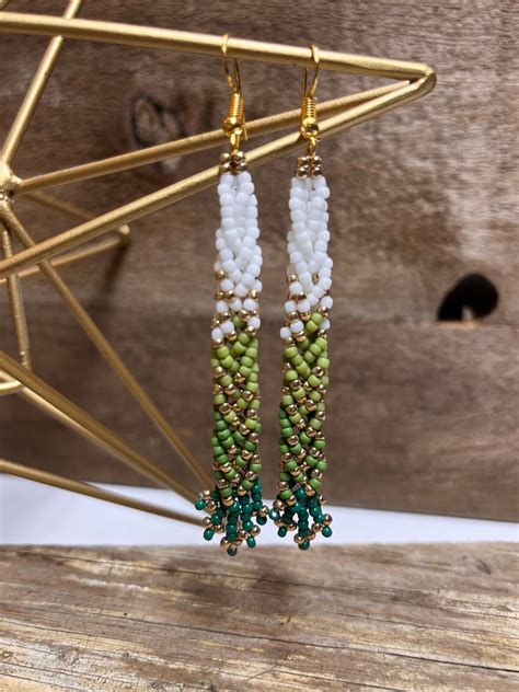 Braided Beaded Fringe Earrings Color White Shades Of Green Gold