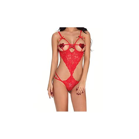 Kelitch Women Deep V Halter Lingerie Teddy One Piece Bodysuit Lace