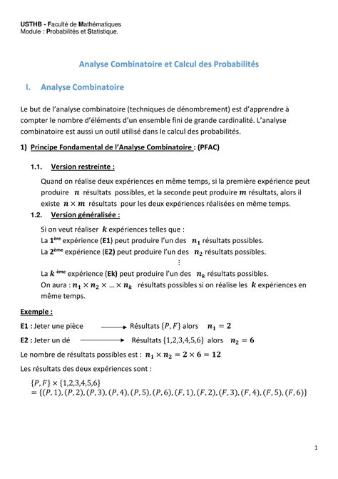 Analyse Combinatoire et Calcul des Probabilites USTHB Faculté de