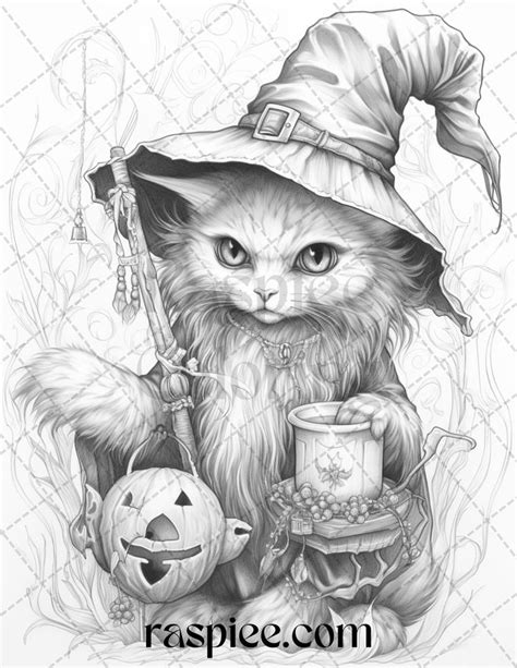 40 Halloween Witch Cat Grayscale Coloring Pages Printable For Adults