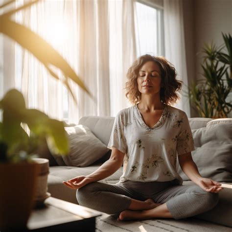 Premium Photo Middleaged Woman Meditating At Home With Eyes Closed