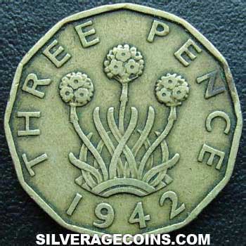 1942 George VI British Brass Threepence Silveragecoins