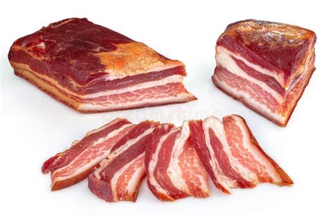 Raw Smoked Bacon Whole Piece And Slices Isolated Stock Photo Image Of