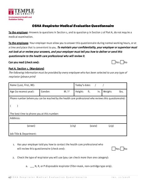 Fillable Online Campusoperations Temple Pdf Osha Respirator Medical