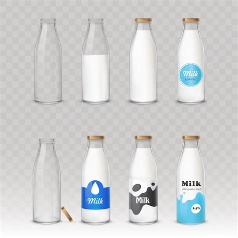 Set Of Glass Bottles With Milk With Different Labels Vector Free Download