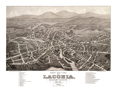 Old Laconia, New Hampshire map shows bird’s eye view of town in 1883