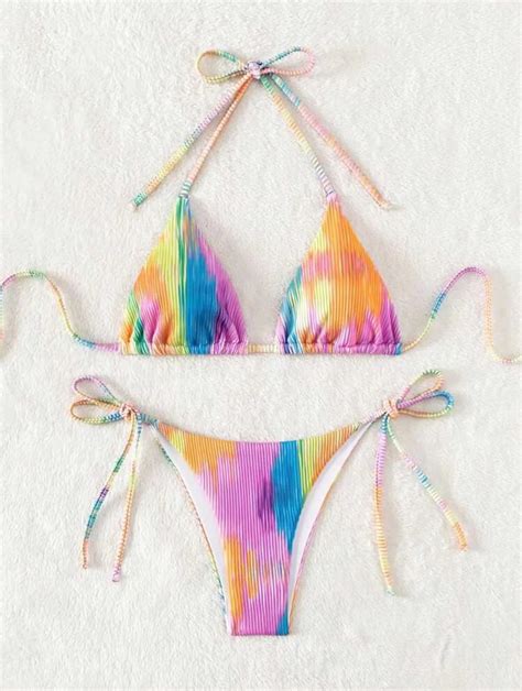 Women Rainbow Print Micro Bikini Sets Two Pieces Tie Halter Thong Swimsuit Swimwear Bathing Suit