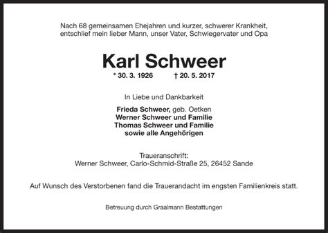 Traueranzeigen Von Karl Schweer Nordwest Trauer De