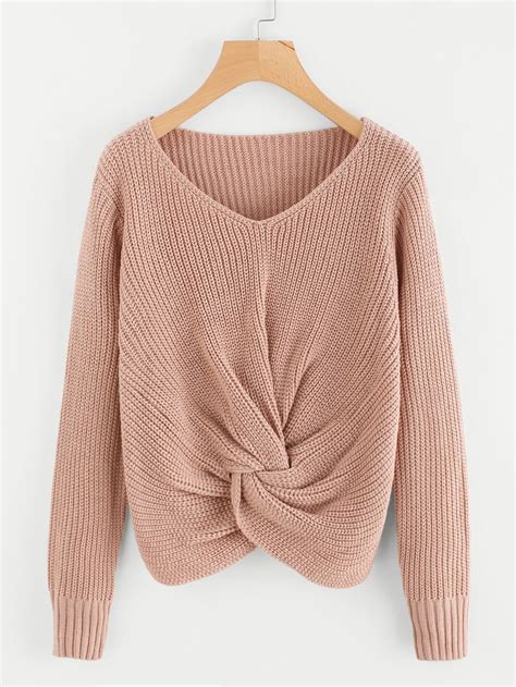 V Neckline Twist Front Sweater Knitting Women Sweater Sweaters Plus