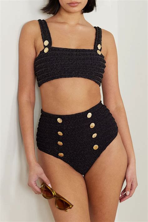 PATBO Button Embellished Metallic Crinkled Stretch Bikini Briefs THE