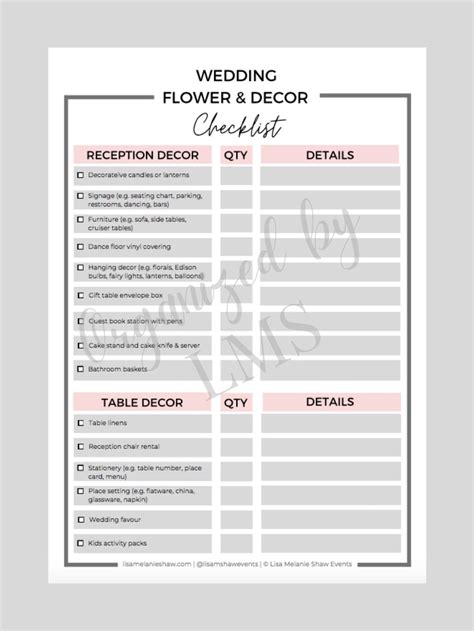 Wedding Flower And Decor Checklist Pink Etsy