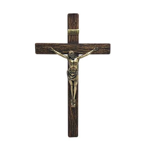 Crucifixo De Parede Em Metal Amadeirado Ouro Velho Cm