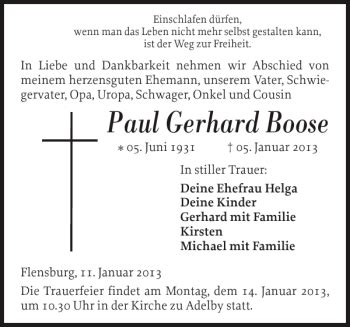 Traueranzeigen Von Paul Gerhard Boose Sh Z Trauer