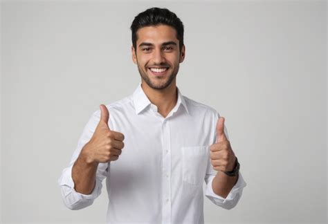 Premium Photo A Man In A Crisp White Shirt Smiles And Gives A Thumbs