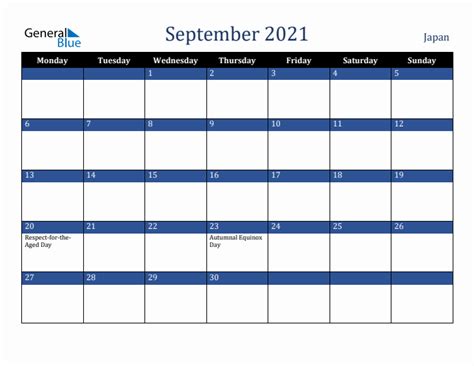 September 2021 Japan Monthly Calendar With Holidays