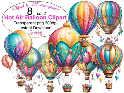 Colorful Hot Air Balloon Clipart Set 8 Digital PNG Files Commercial