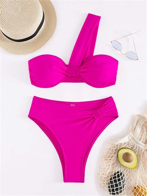 Womens Two Pieces Swimsuit One Shoulder Solid Color Bikini Set