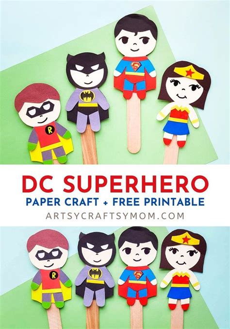 DC Superhero Paper Puppet Craft + Free Printable Template Popsicle ...