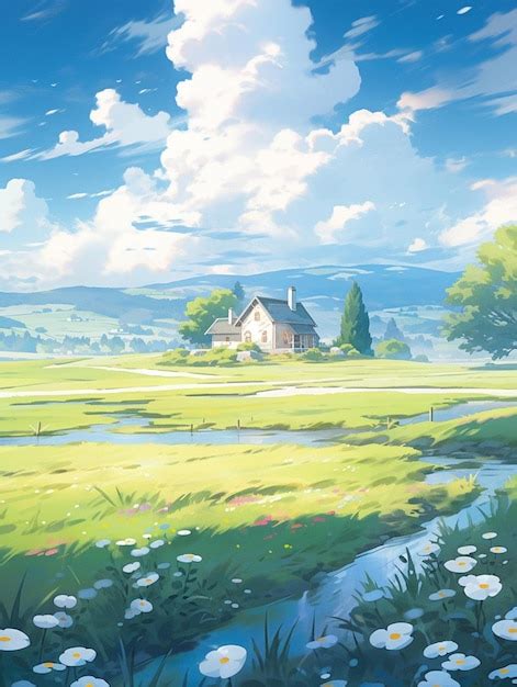 Premium Photo | Anime scenery of a house in a field with flowers and a ...