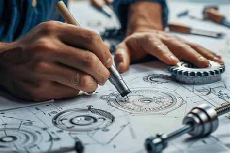 closeup   mechanical engineers hand drafting  complex gear system