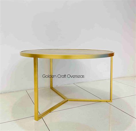 Gco Round Center Table In Iron With Wooden Top Golden Powder Coated