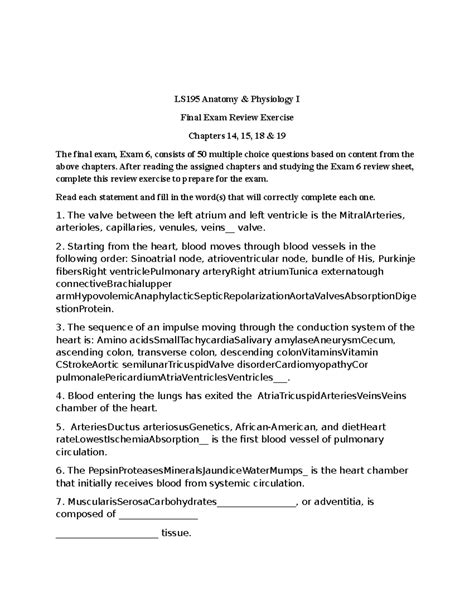 LS195 Anatomy & Physiology I Final Exam Review for Chapters 14-19 - Studocu