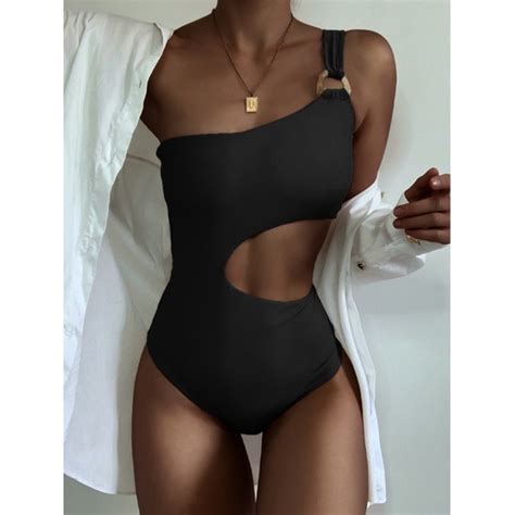 Women Swimsuit Nude Color Single Shoulder Waist Hollow Out One Piece Bikini Swimwear Shopee