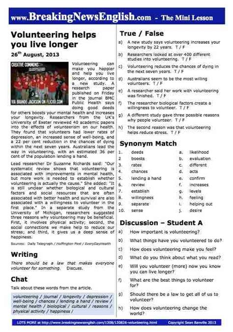 Breaking News English 2 Page Mini Lesson Volunteering