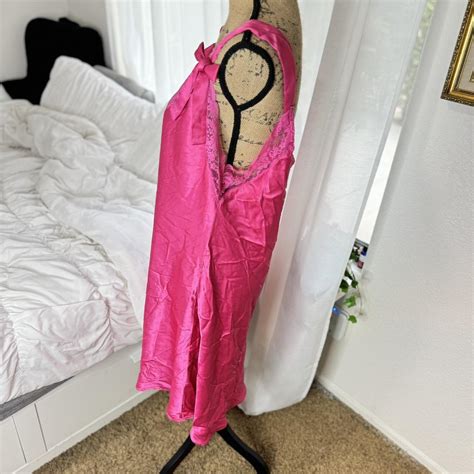 Y K Satin Hot Pink Slip Dress With Lace And Bow Depop