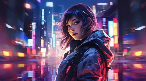 Premium AI Image | Anime Girl Neon Chronicles Cyberpunk Girls in the City