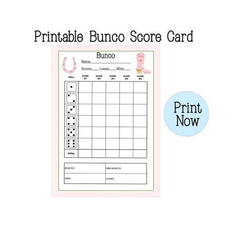 A Printable Bunco Score Card With The Words Print Now And An Image Of A