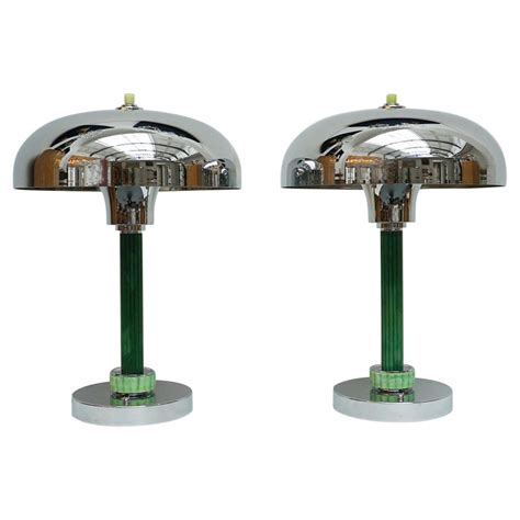 Pair Of Art Deco Green Bakelite And Chromed Metal Table Lamps For Sale