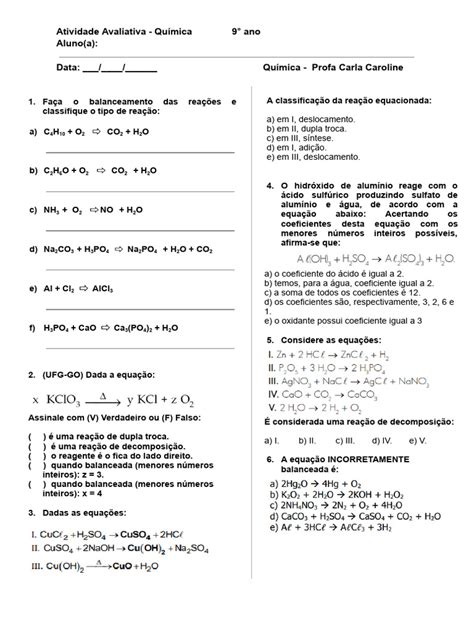 Atividade Avaliativa 9° Ano ReaÇÕes Pdf